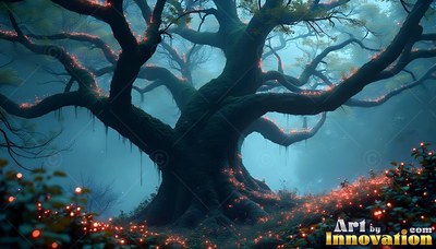 A large tree spreads its curved branches across teal mist dotted with red lights