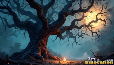 Branching outward in a dense forest, a thick old tree stands under a pale moon
