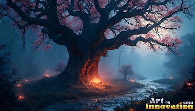 A wide old tree with pink blossoms stands by a small creek in blue fog