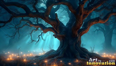 In a blue misty forest, an old twisted tree stands surrounded by small lights
