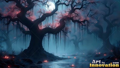Spreading over dark water, a gnarled tree with pink blossoms stands under a moon