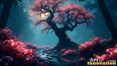 A twisted tree with pink blossoms beside a stream at night