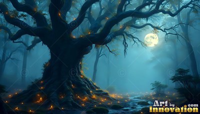Twisted roots covered in tiny yellow lights ground an old tree in a blue foggy forest under the moon