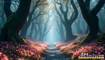 A stone path winds through curved trees lined with pink flowers toward soft blue mist