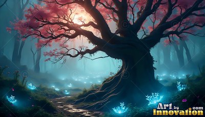 Twisting upward in a misty forest, an old pink tree stands over bright blue flowers