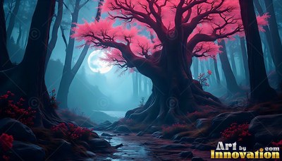 A large pink blossom tree beside a rocky creek under a full moon in blue woods