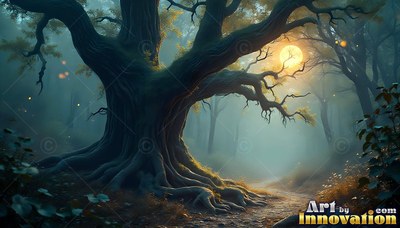 In a misty forest, an old twisted tree stands beside a path under a bright moon