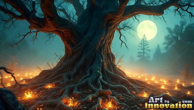 Spreading wide roots, a gnarled tree stands over fires under a pale moon