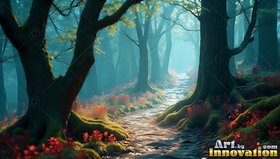 A stone path winds through mossy trees in teal fog