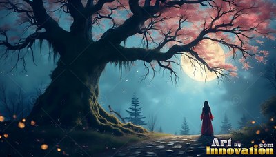 Dressed in a long red gown, a person looks at the moon beneath an old pink blossom tree