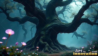 An ancient twisted tree spreads its thick branches through dark teal mist
