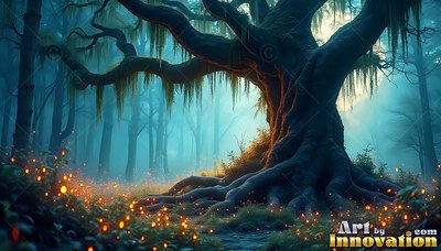Twisting low to the ground in a misty teal forest, an ancient tree spreads its roots