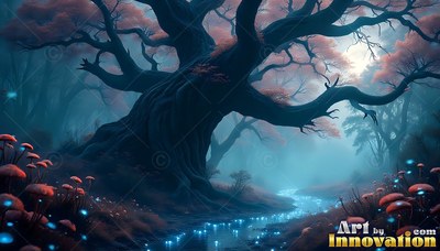 A twisted tree stands by a bright blue stream in a foggy forest at night