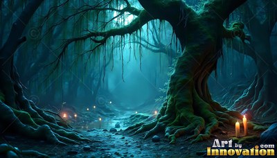 In a dark teal forest, an old mossy tree stands beside small lit candles on the ground