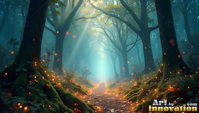 Winding between mossy trees, a dirt path lit by orange fireflies and blue sunbeams