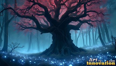 Large oak tree with pink leaves in a misty teal forest