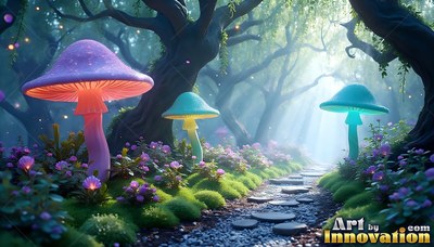 A purple mushroom with an orange underside grows beside a stone forest path