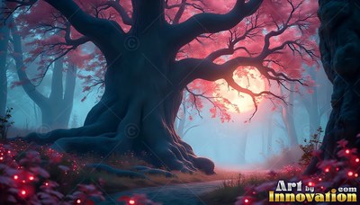 A gnarled tree spreads pink branches over a forest path lit by a bright moon