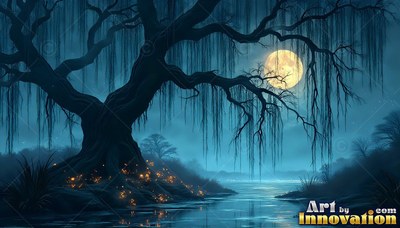 Leaning over dark water, a gnarled willow tree stands under a shining full moon