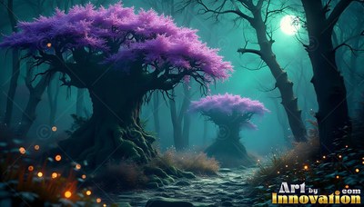 A purple blossom tree sits in a shadowy forest under bright moonlight along a rocky path