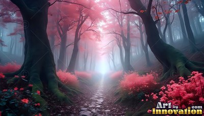 In a foggy forest with pink trees, a stone path leads into pale light