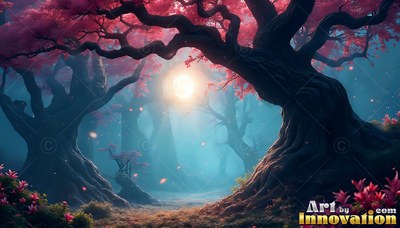 Framing a bright full moon, gnarled old trees with pink foliage rise in blue mist