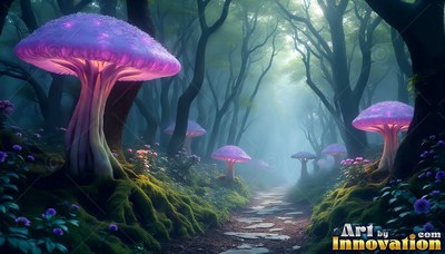 Purple mushrooms line a stone path in a misty dark forest