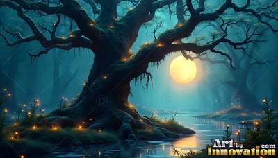 An ancient tree spreads wide branches by a stream under a yellow moon in teal mist