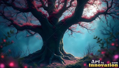 Spreading thick branches, an old tree stands in blue fog with pink leaves