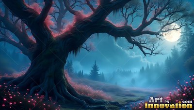 A crooked tree with pink leaves stands beside a misty creek under a bright moon