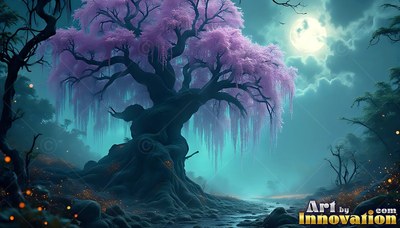 In a moonlit forest, a gnarled tree with pink blossoms stands beside a shallow stream