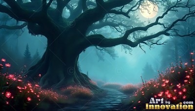 Spreading wide over a path, an old tree stands in blue fog by pink flowers under the full moon