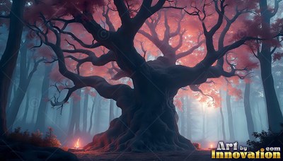 A wide tree with pink leaves stands beside a small fire in a foggy forest