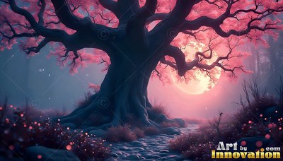 Gnarled roots spread from an old tree with pink leaves before a low moon in a misty forest