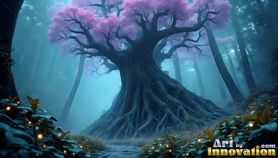 A large tree spreads pink blossoms above thick roots in a foggy teal woods