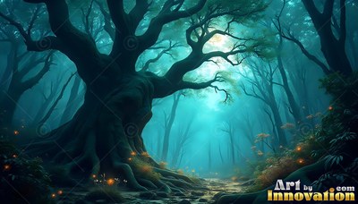 Spreading wide branches, a twisted tree stands in a misty teal forest