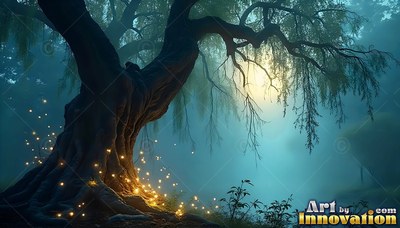 A twisted willow tree stands in blue mist with tiny yellow lights around its roots