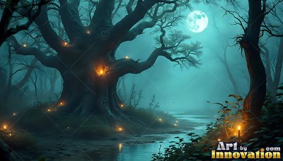 In a teal moonlit forest, an old wide tree sits by a creek lit by tiny lights