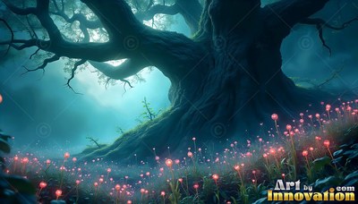 Spreading thick branches over blue mist, an old gnarled tree rises above pink flowers
