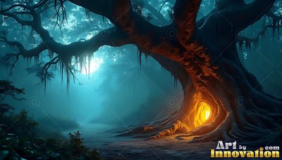 A gnarled tree with warm light inside its hollow in blue fog