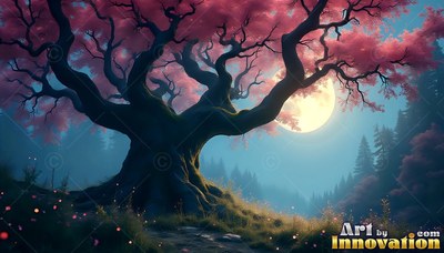 Pink blossoms spread across the thick branches of a tree on a grassy hill under the full moon