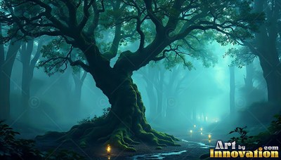 A gnarled tree stands beside a stream in cold teal fog with tiny yellow lights