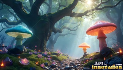 Standing tall along a mossy woodland path, giant mushrooms catch the morning sunlight