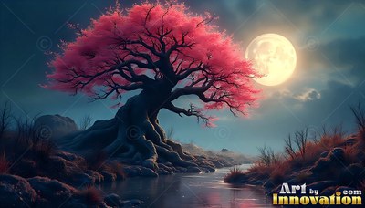 A pink blossom tree grows beside a creek under a bright moon at night