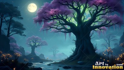In a moonlit forest, a large tree spreads pink blossoms above a stream