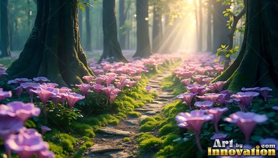 Winding through sunlit woods, a stone path is lined with pink bell flowers