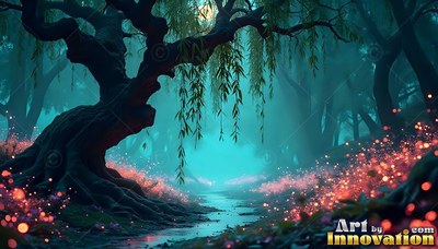 Old willow tree by a creek with pink lights in teal fog