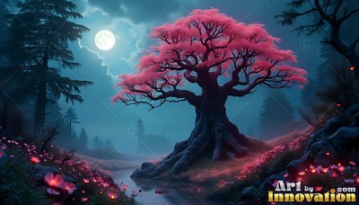 Pink foliage covers a large tree beside a dense forest creek under a shining full moon