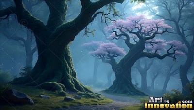 Ancient mossy trees flank a dirt path under pale pink blossoms and blue fog