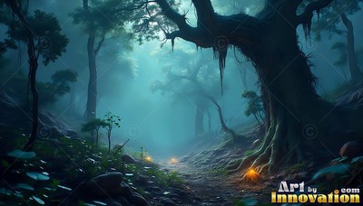 Leaning over a dark dirt path, a twisted tree stands in teal mist